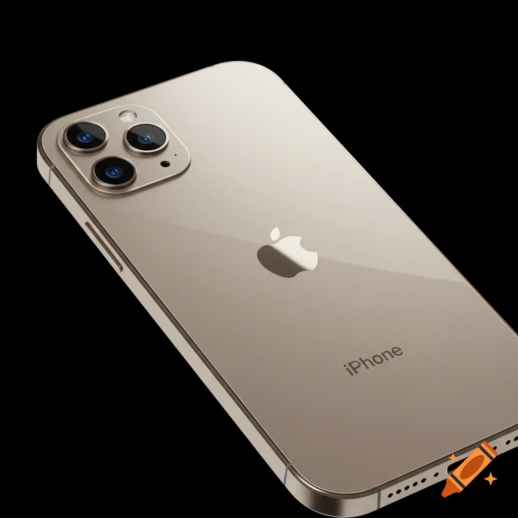 Photorealistic close-up of a champagne-colored iPhone 17 back with a triple camera array and Apple logo on a black background.