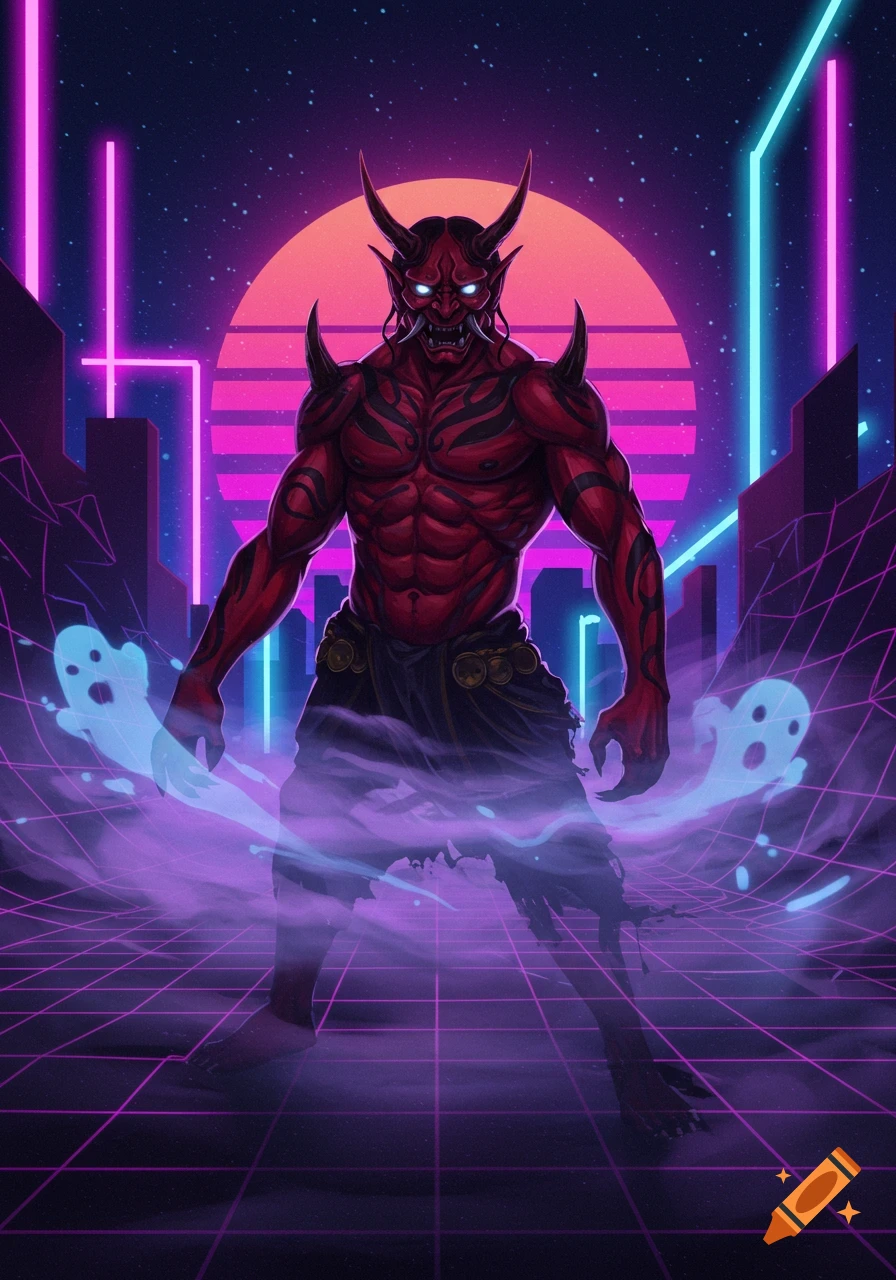 A red Oni demon with horns and glowing eyes controls smoke and blue ghost spirits in a vibrant retrowave cityscape.