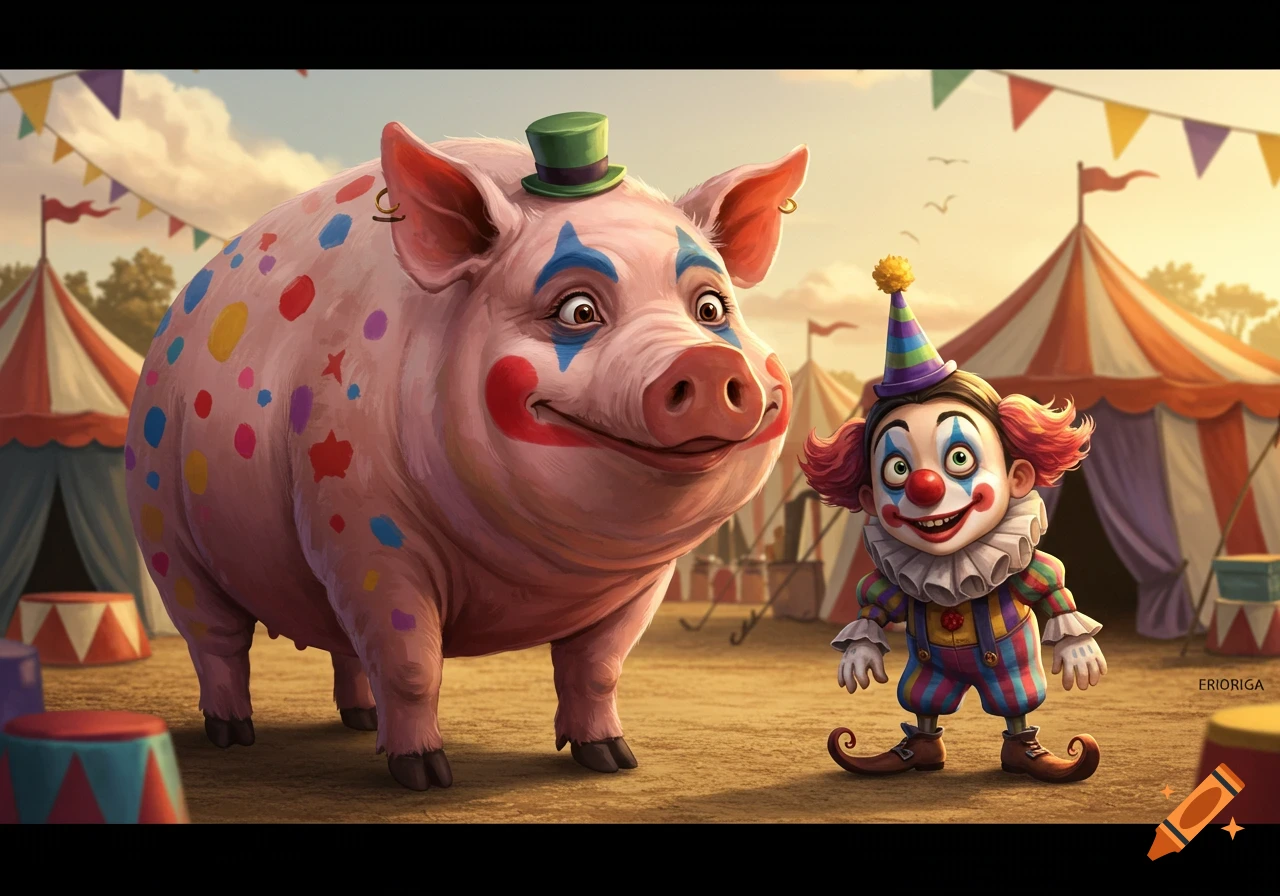 A cartoonish pink pig with clown makeup and a green top hat stands next to a small clown child wearing a party hat at a circus.