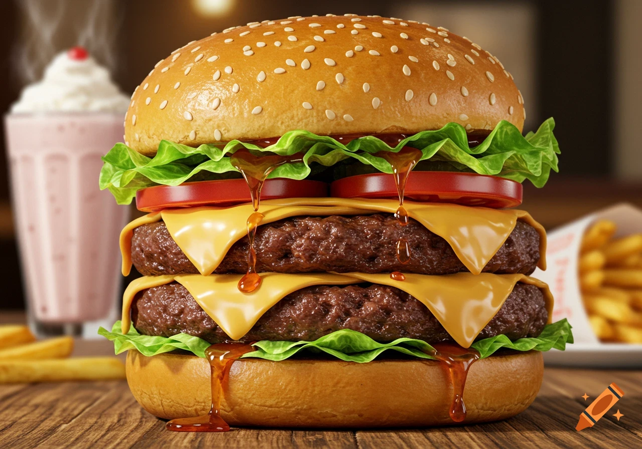 A close-up, photorealistic shot of a juicy double cheeseburger with lettuce, tomato, and dripping sauce, with a milkshake and fries in the background.