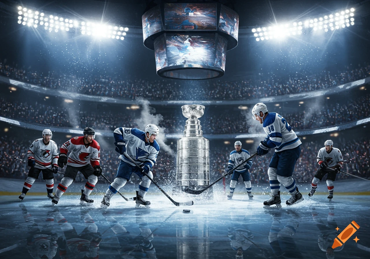 Photorealistic image of hockey players on an ice rink, with the Stanley Cup trophy at center, under bright arena lights during a game.