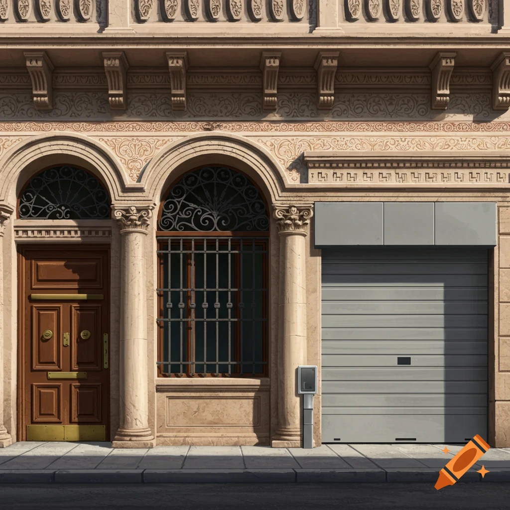 A detailed Roman-style building facade featuring two arched windows with ornate grilles, a wooden double door, and a modern gray garage door on a sidewalk.