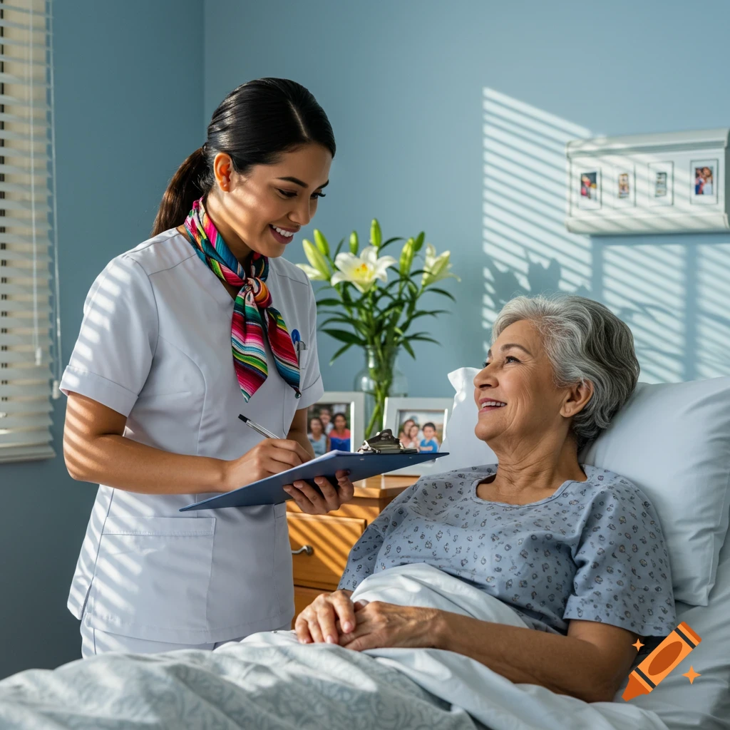 A smiling Hispanic nurse in scrubs takes notes on a clipboard while an elderly female patient smiles from a hospital bed.
