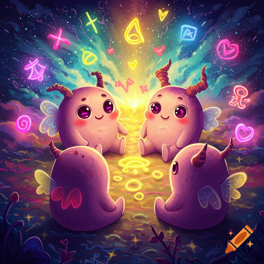Four cute, round, light purple creatures with small wings and horns sit on a glowing landscape under a dark sky with neon symbols.