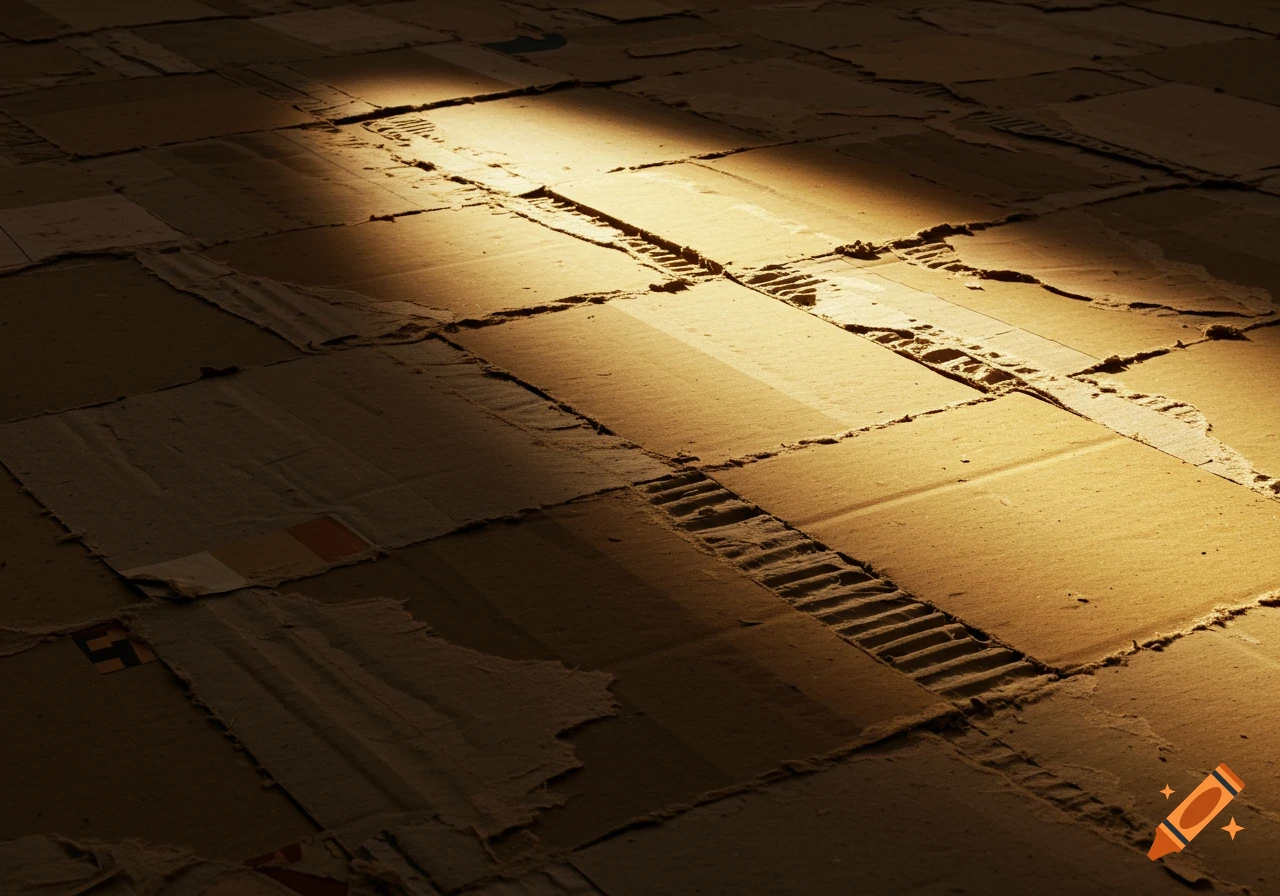 A floor covered with torn, patched-together cardboard pieces, illuminated by a warm diagonal ray of light.