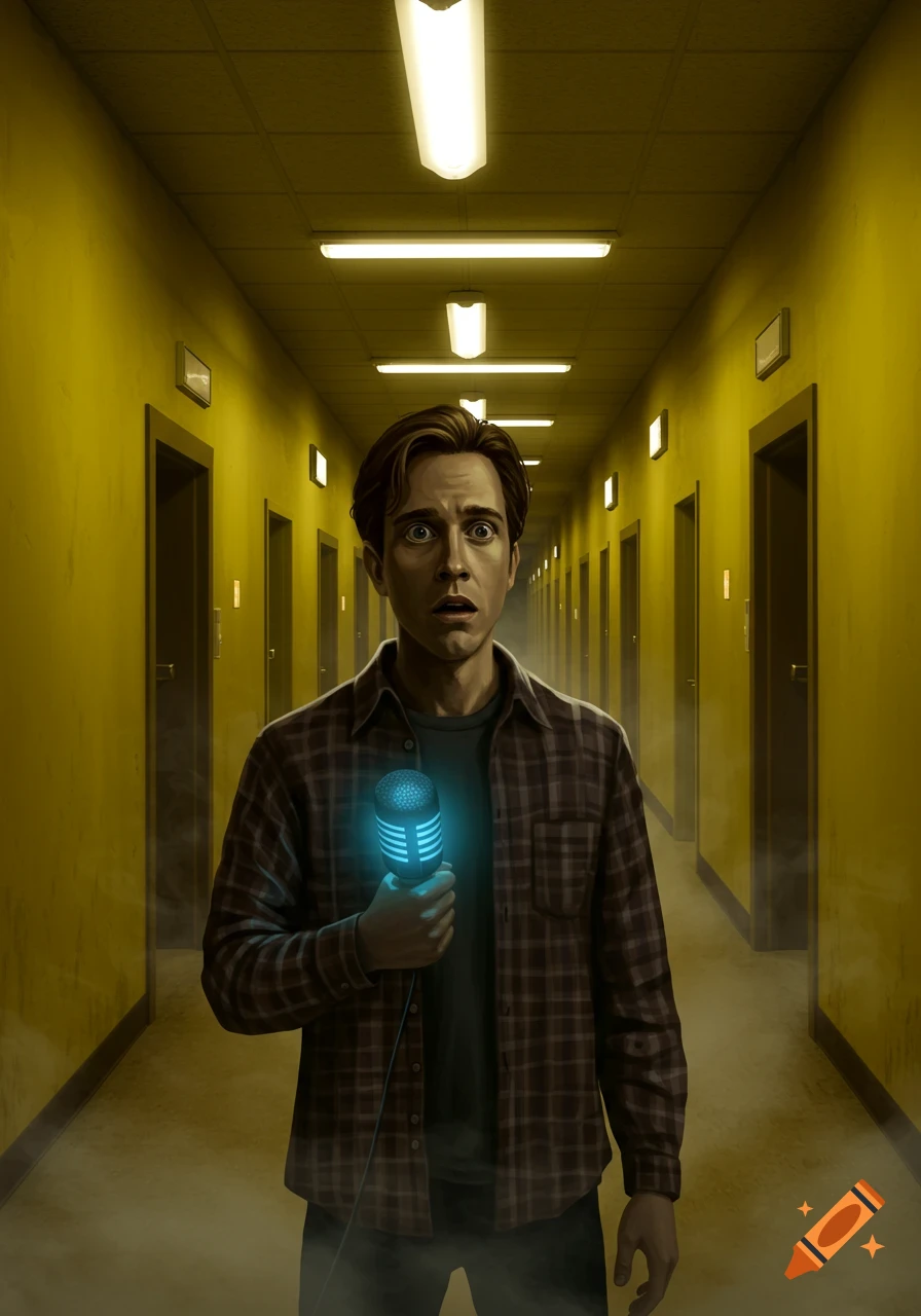Scared man with a glowing blue microphone in a long, eerie yellow hallway with many doors.
