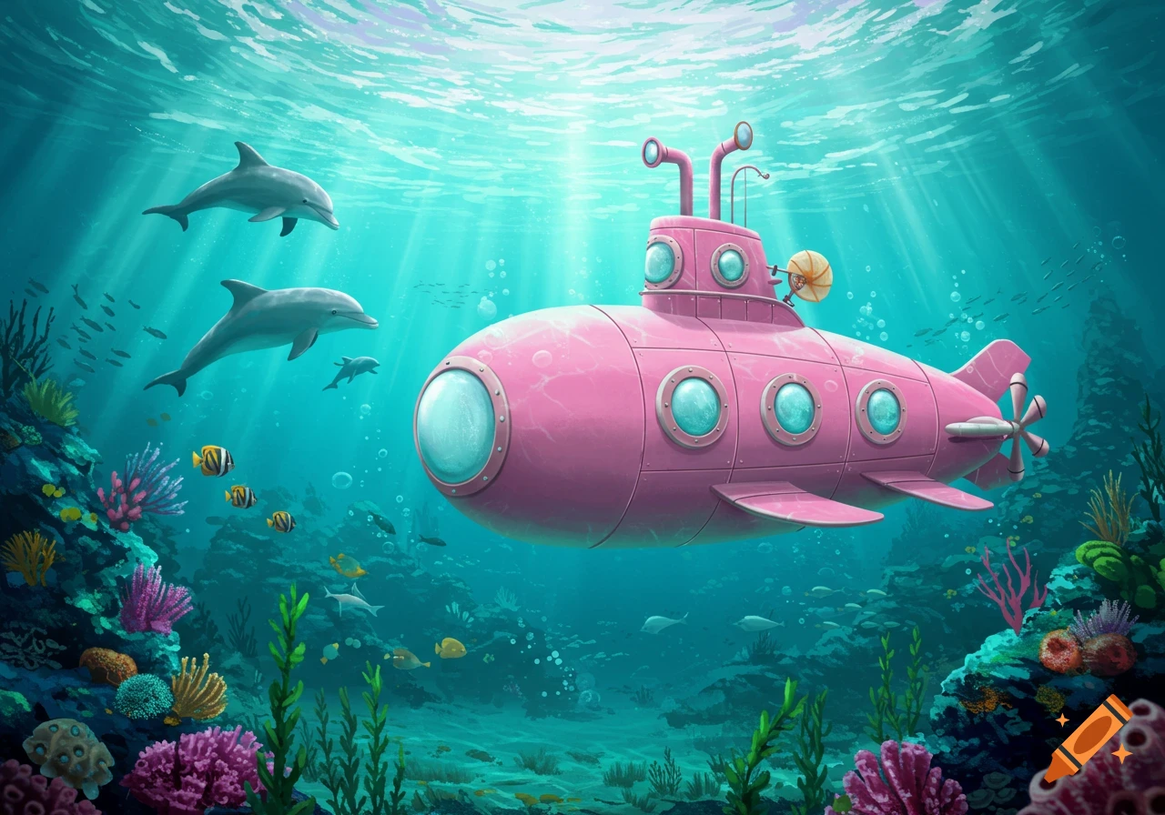 A vibrant cartoon illustration of a pink submarine underwater with two dolphins swimming near a colorful coral reef.