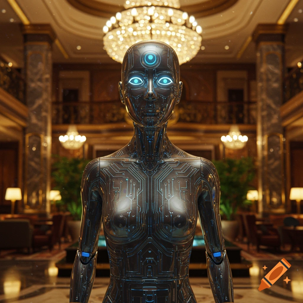 A metallic humanoid robot with glowing blue eyes and circuit patterns stands in a grand, luxurious hotel lobby with chandeliers.
