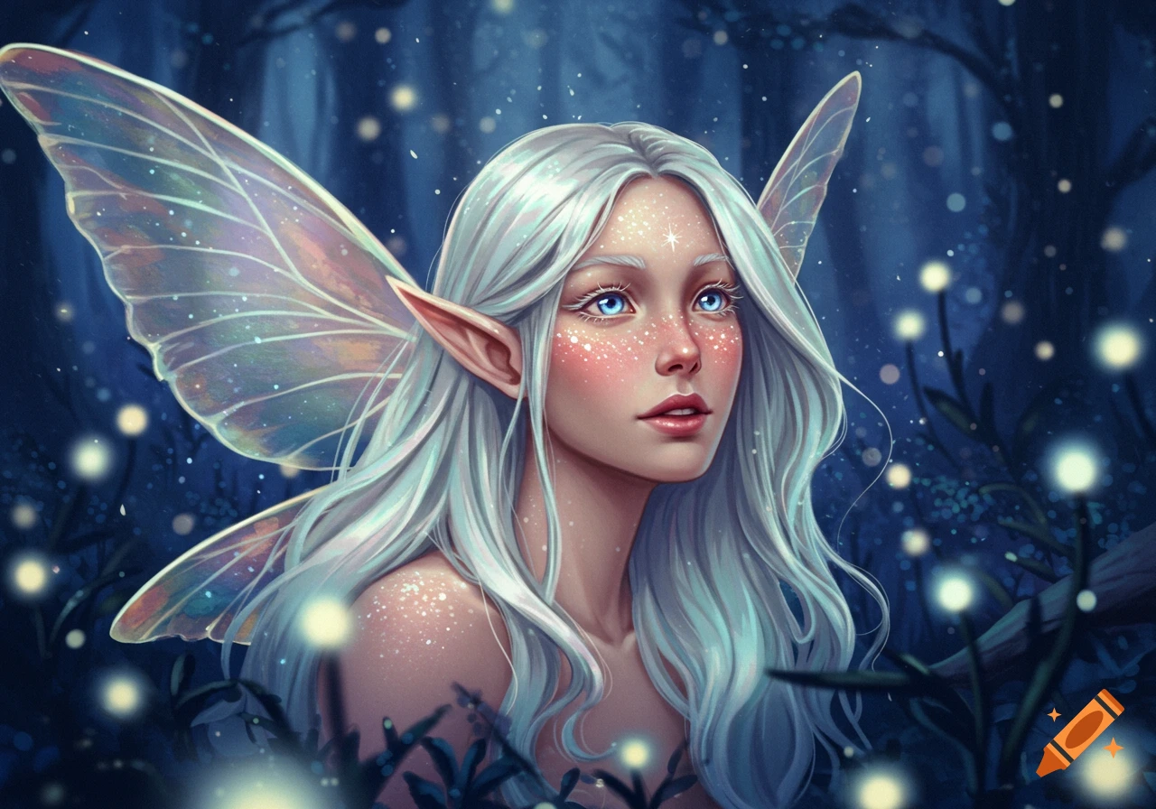A white-haired fairy with blue eyes, pointed ears, and shimmering wings looks up in a magical blue forest with glowing lights.