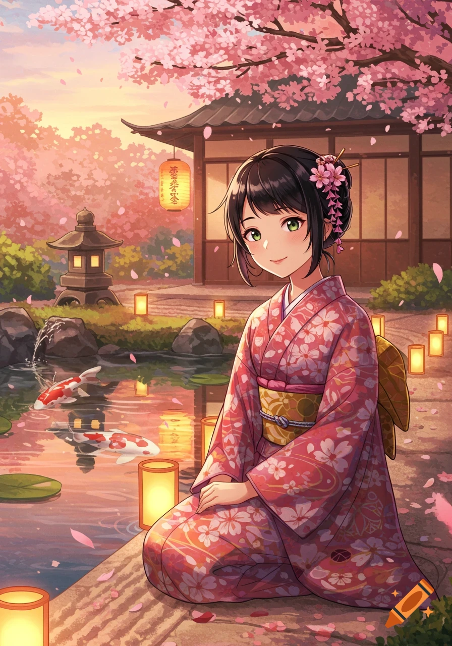 Anime Japanese woman in a pink kimono kneeling by a koi pond with cherry blossoms and lanterns at sunset.
