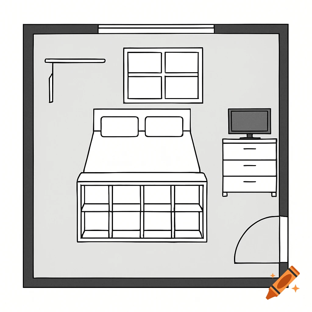 2D top-down minimalist floor plan of a bedroom with a double bed, dresser with TV, window, shelf, clothes rail, and door.