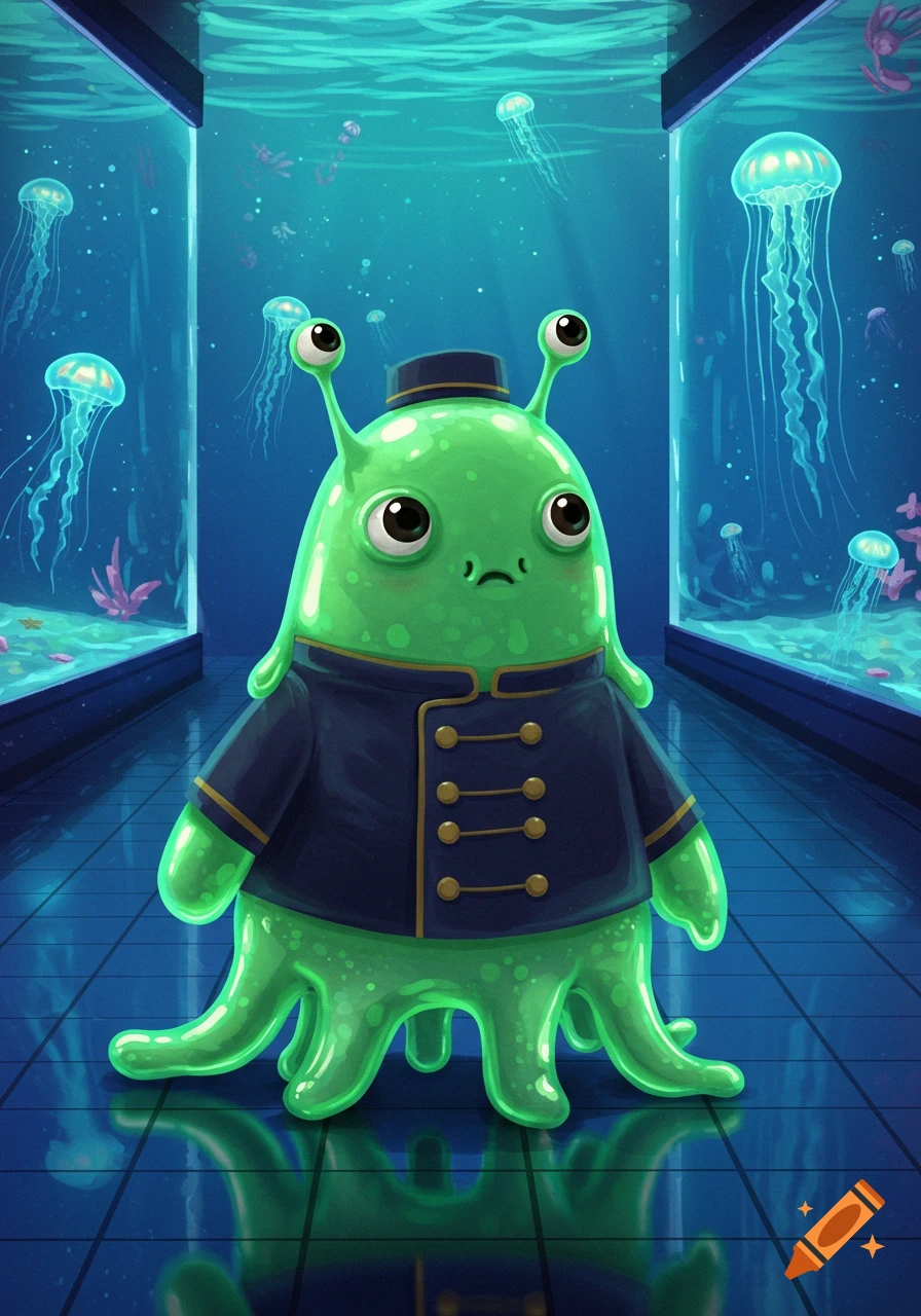 A cute green blob creature with tentacles and stalk eyes wears a bellhop uniform in a vibrant aquarium filled with glowing jellyfish.