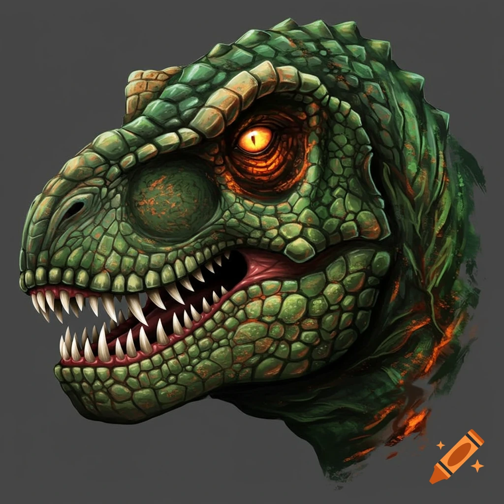 Detailed illustration of a green dinosaur head with textured scales, a glowing orange eye, and sharp teeth, on a grey background.