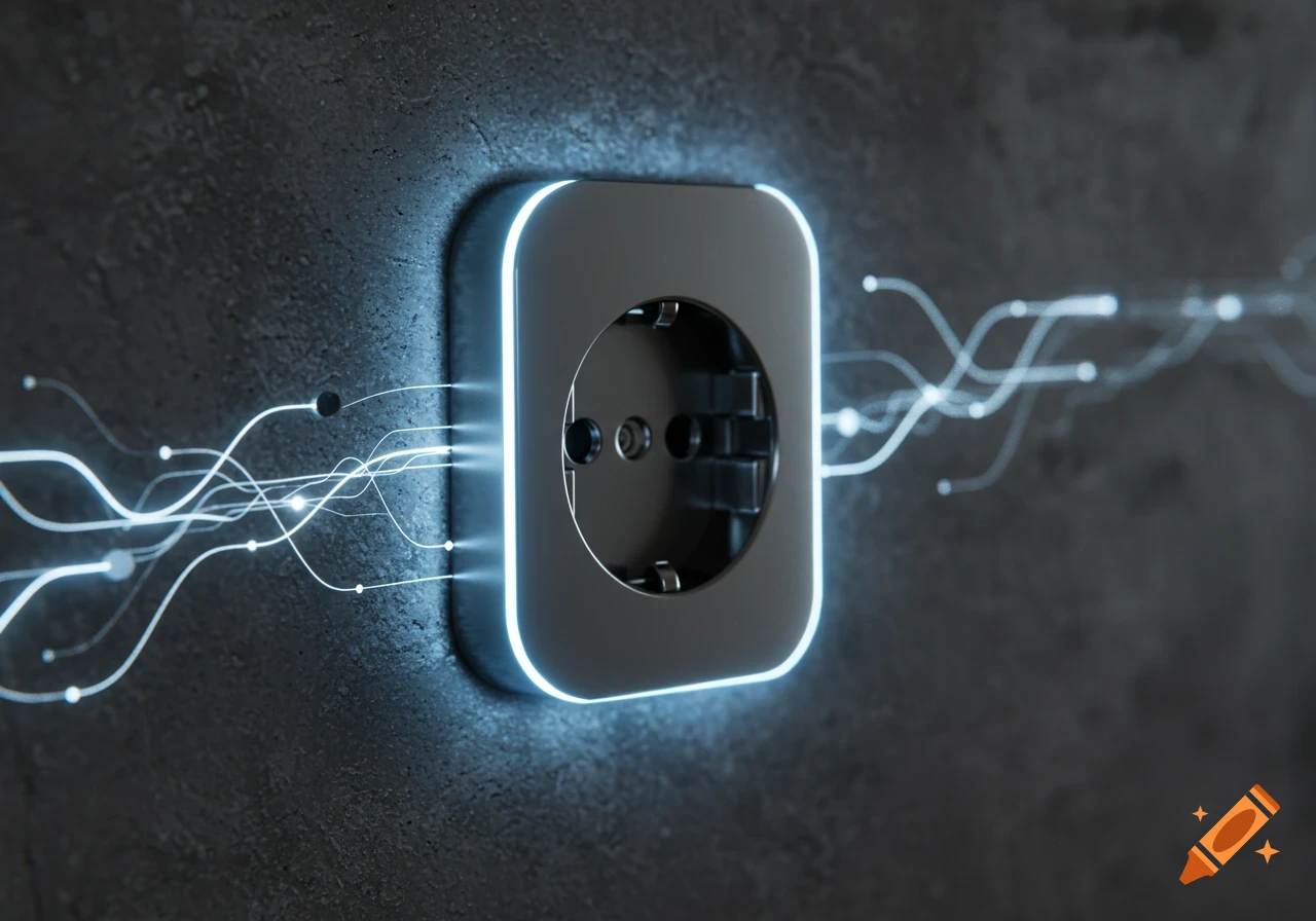 A sleek, glowing blue electrical outlet on a dark textured wall with abstract light trails representing energy.