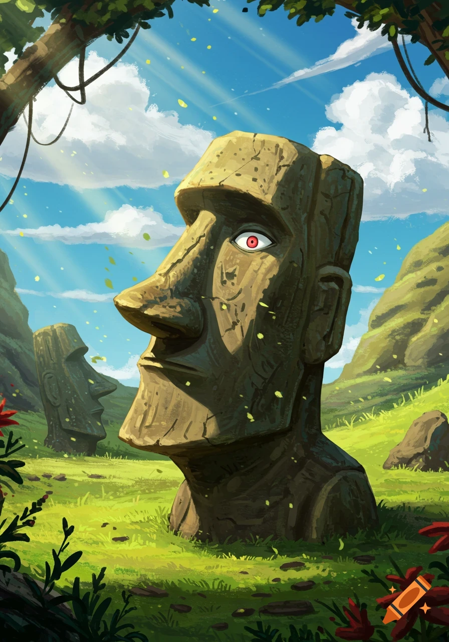 Stylized illustration of two Moai statues on a lush green island with a blue sky, one with a glowing red eye.