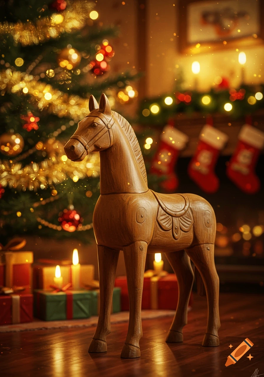 A photorealistic carved wooden horse stands before a sparkling Christmas tree and a glowing fireplace, surrounded by festive lights and presents.