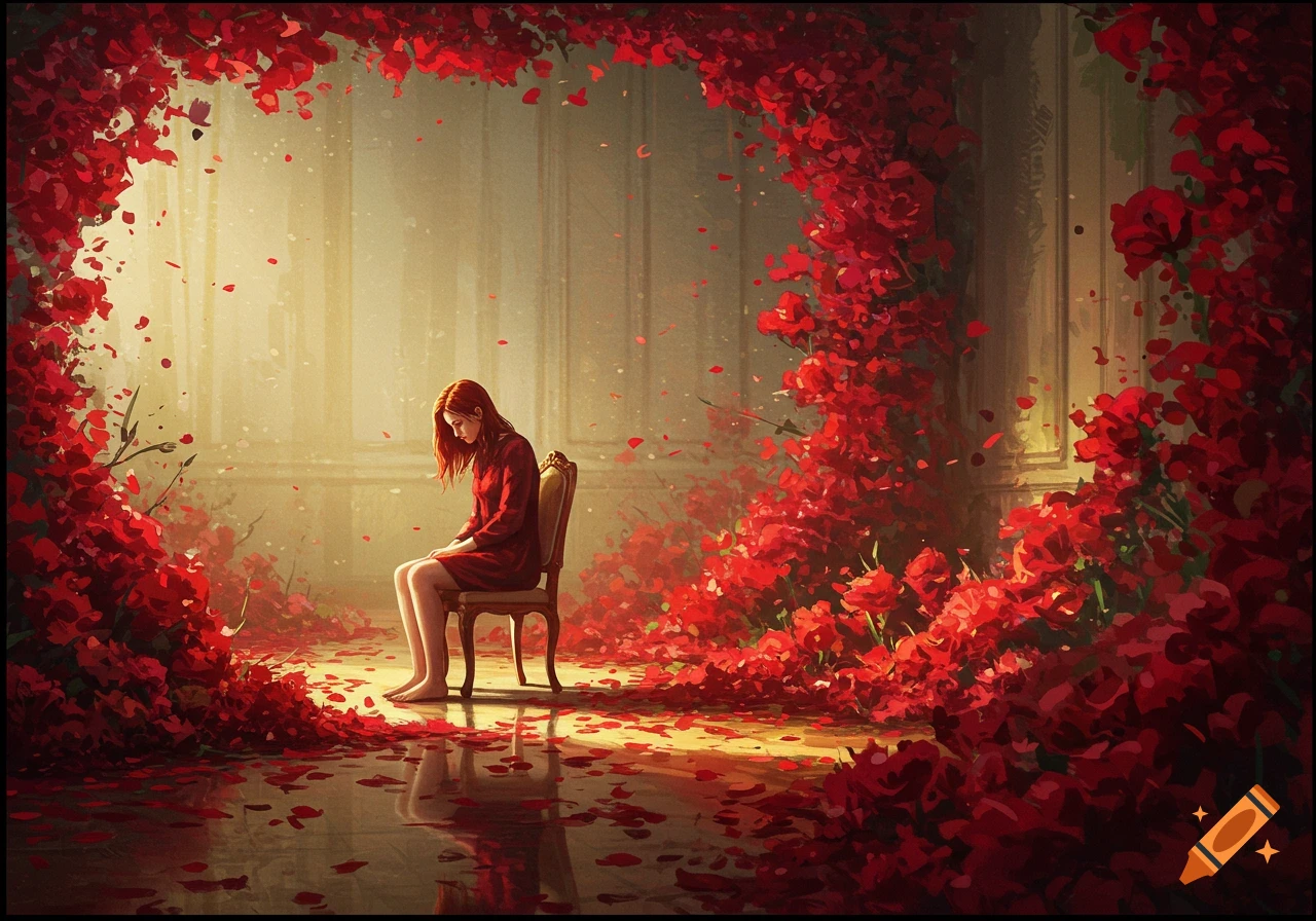 Lonely woman in a red dress sits in a room covered in red roses and petals, in an abstract painting style.