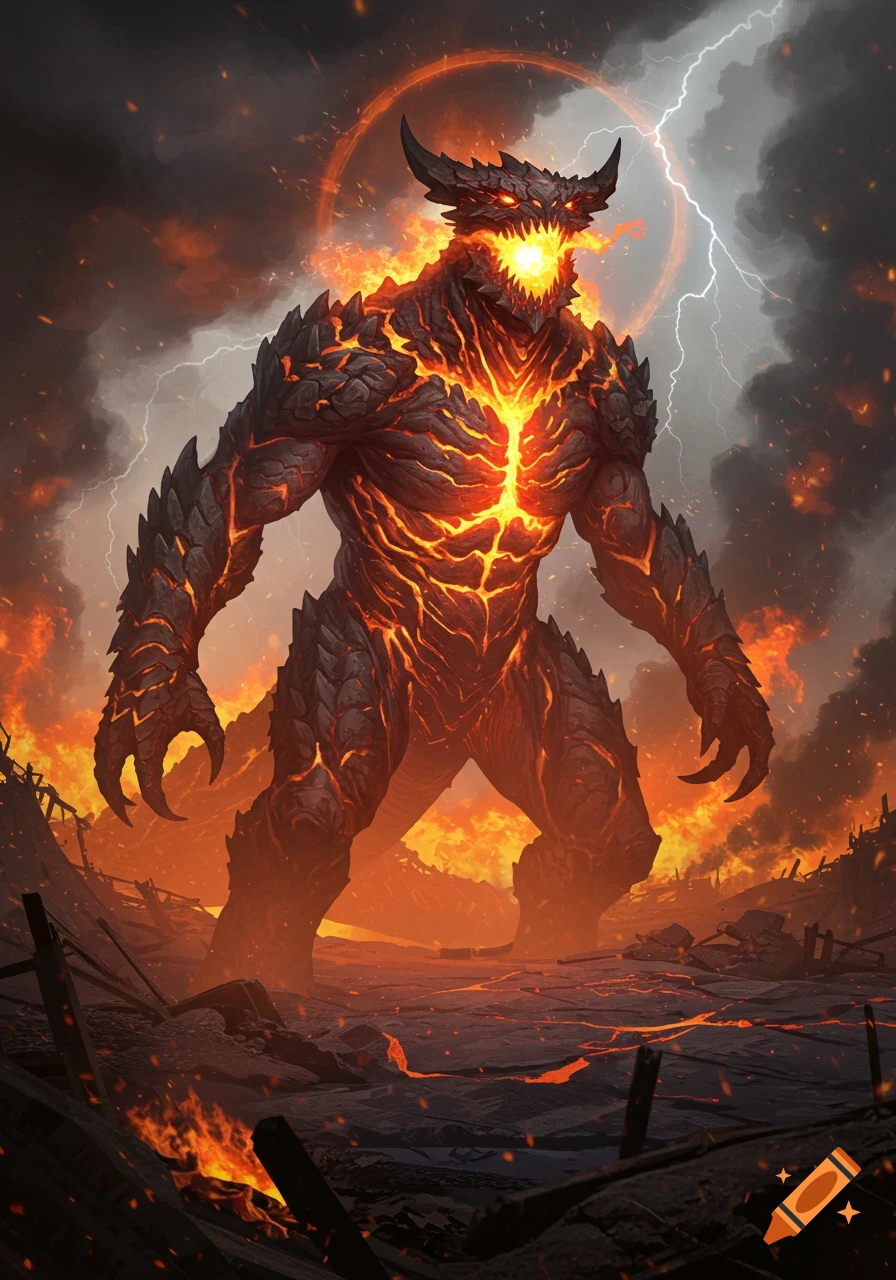 A massive, horned fire demon stands amidst a fiery, destroyed landscape under a stormy sky with lightning.