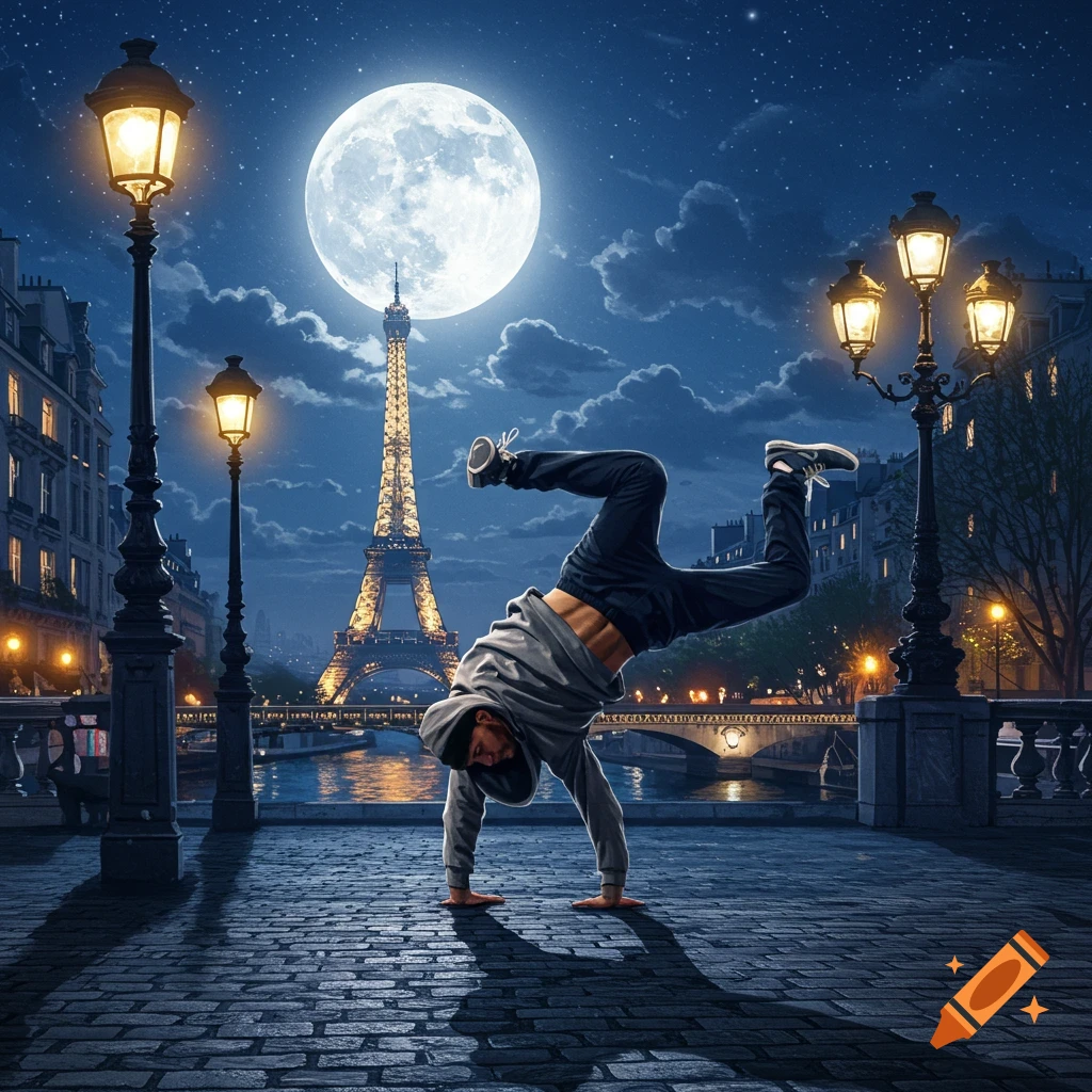 A man breakdancing in a handstand on a cobblestone street in Paris at night, with the Eiffel Tower, streetlights, and a full moon.