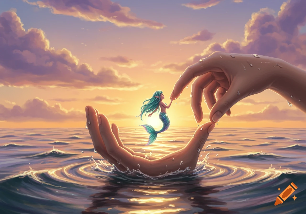 Giant hands gently hold a tiny mermaid above the ocean at sunset, with water splashing around, in a fantasy art style.