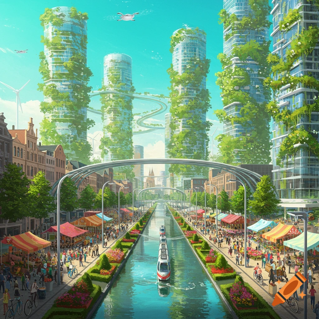 A vibrant solarpunk city illustration featuring tall, vine-covered buildings, a canal with a futuristic train, bustling market streets, and flying drones.