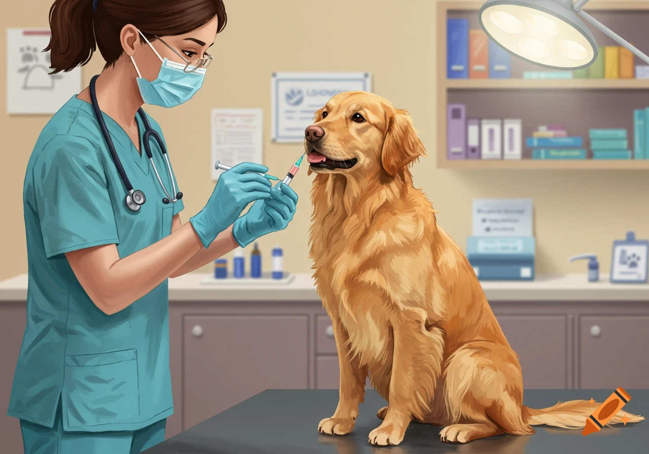 An illustration of a veterinarian in scrubs and mask vaccinating a golden retriever on an exam table.