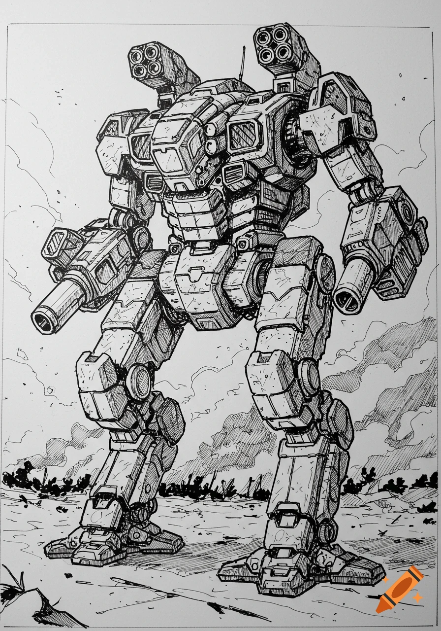 Detailed ink drawing of a heavily armed Mechwarrior mech standing in a desolate landscape, rendered with crosshatching.