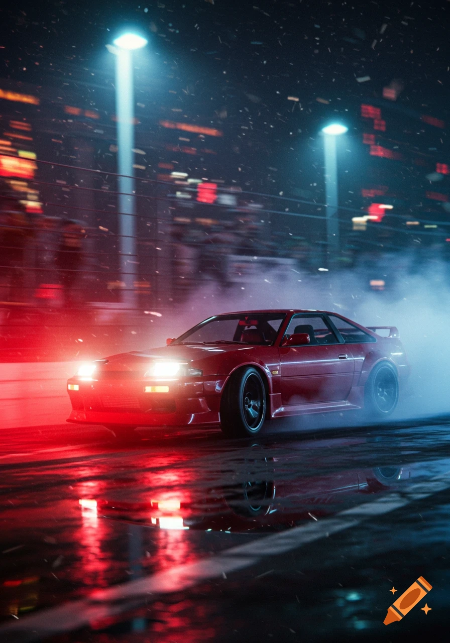 A red sports car drifts on a wet road at night, illuminated by bright headlights and red and blue lights, with smoke trailing.