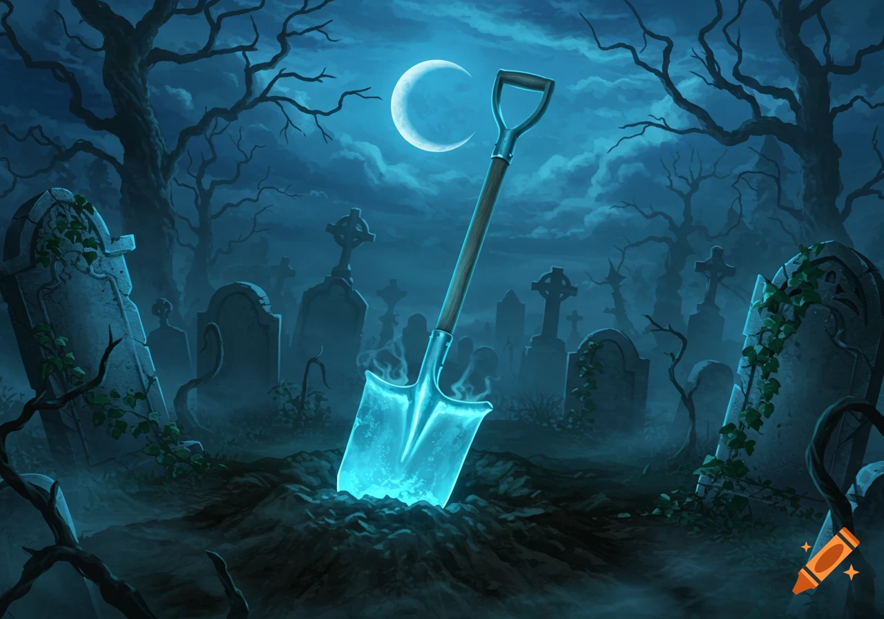 A glowing blue shovel sticks out of disturbed earth in a spooky graveyard under a crescent moon at night, surrounded by tombstones and bare trees.