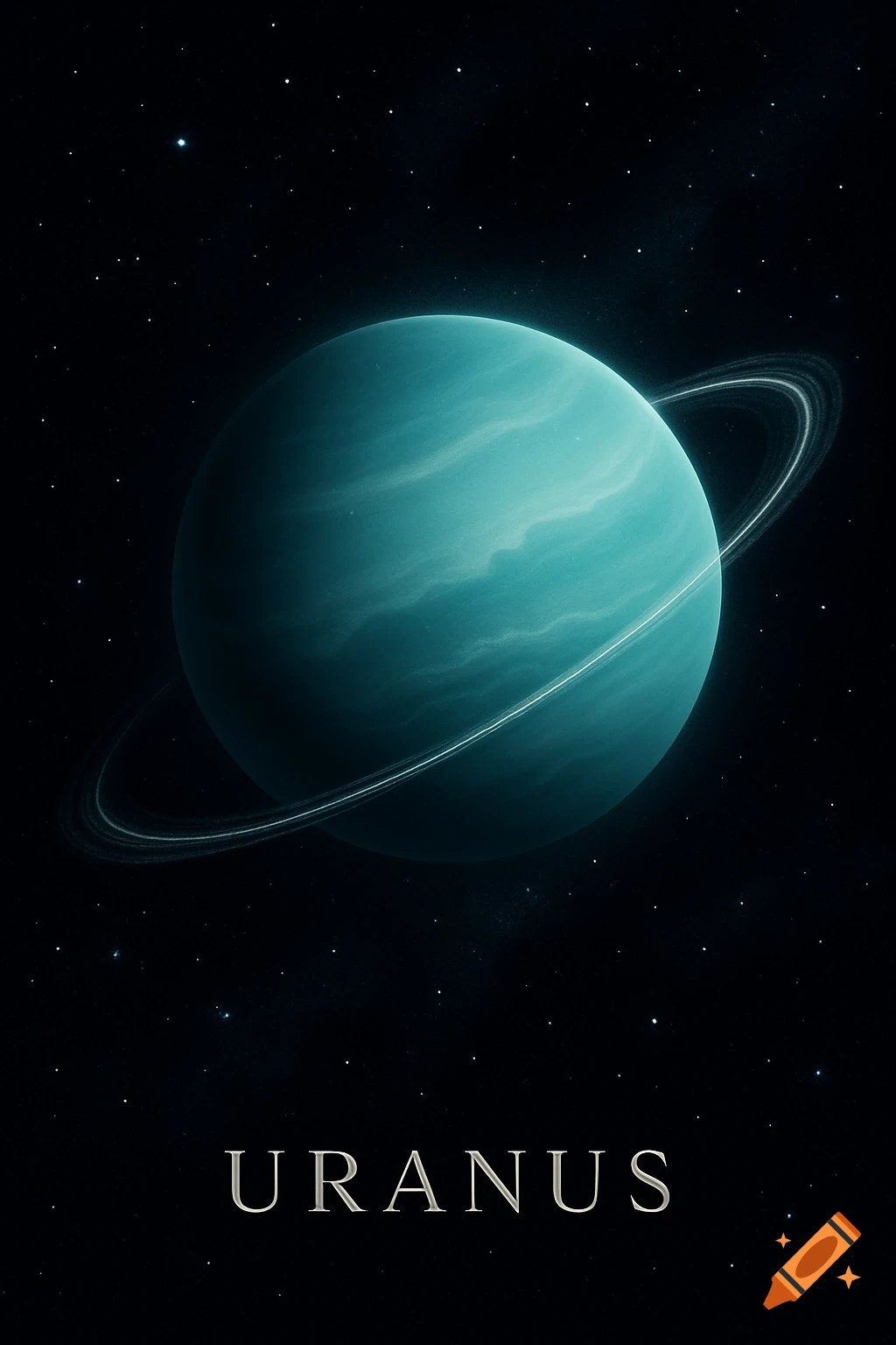 The blue-green planet Uranus with rings against a starry background, with URANUS written below.
