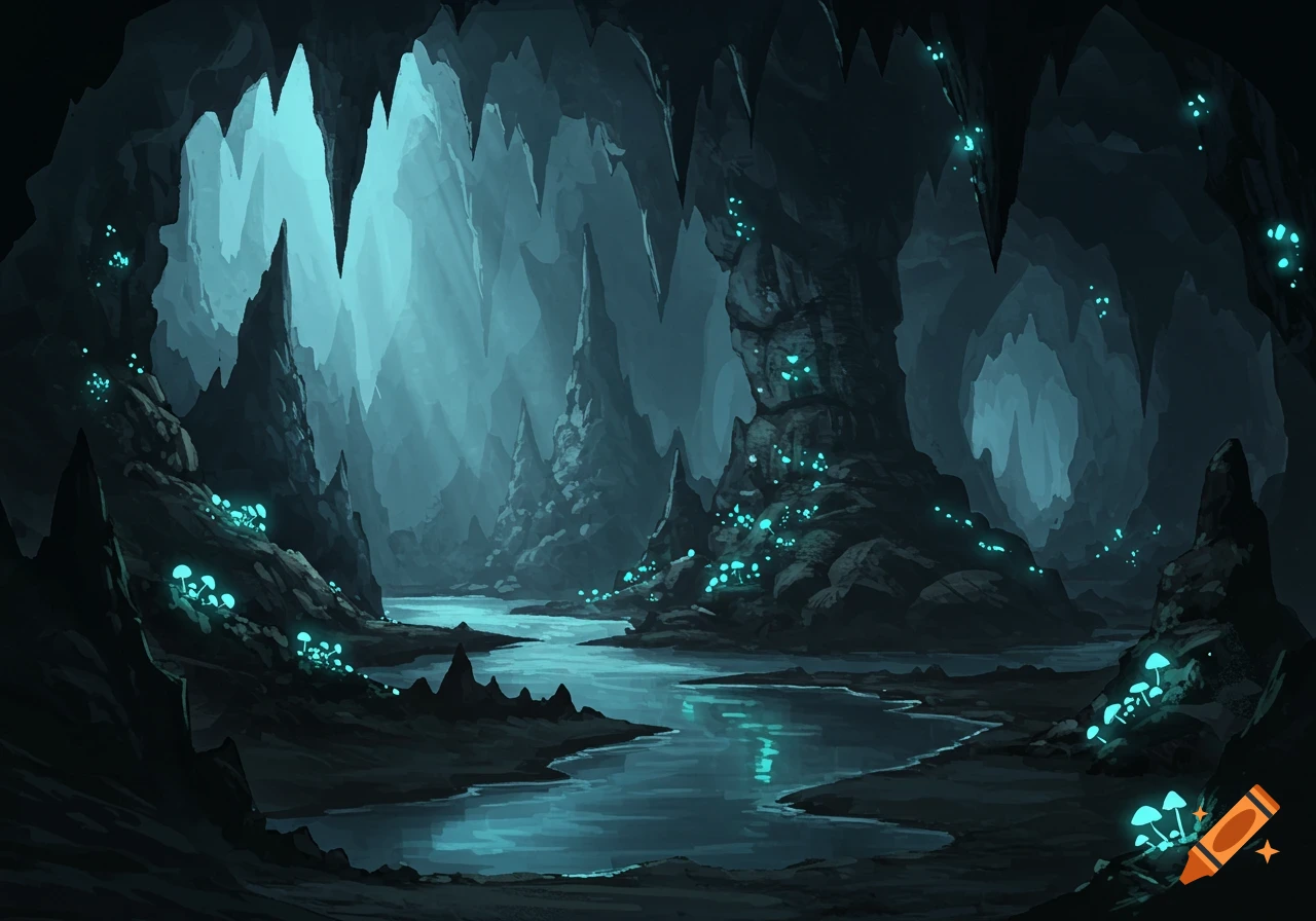 A dark, mystical cave with a winding river, glowing blue mushrooms, stalactites, and stalagmites in a digital painting.