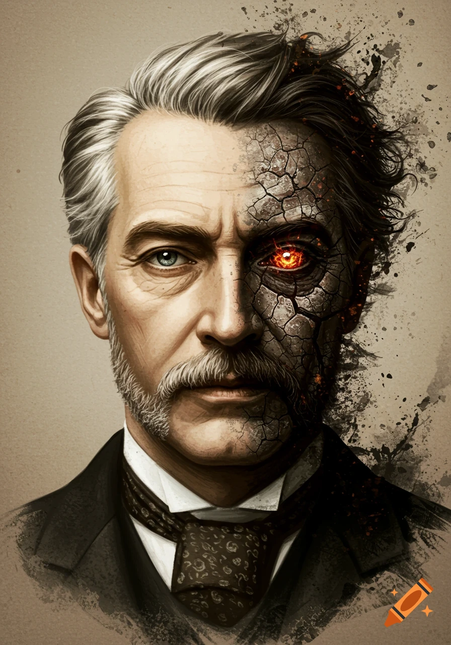 A Victorian-style portrait of a man. The left half of his face is normal with a teal eye, while the right half is cracked, decaying, and has a glowing orange eye.