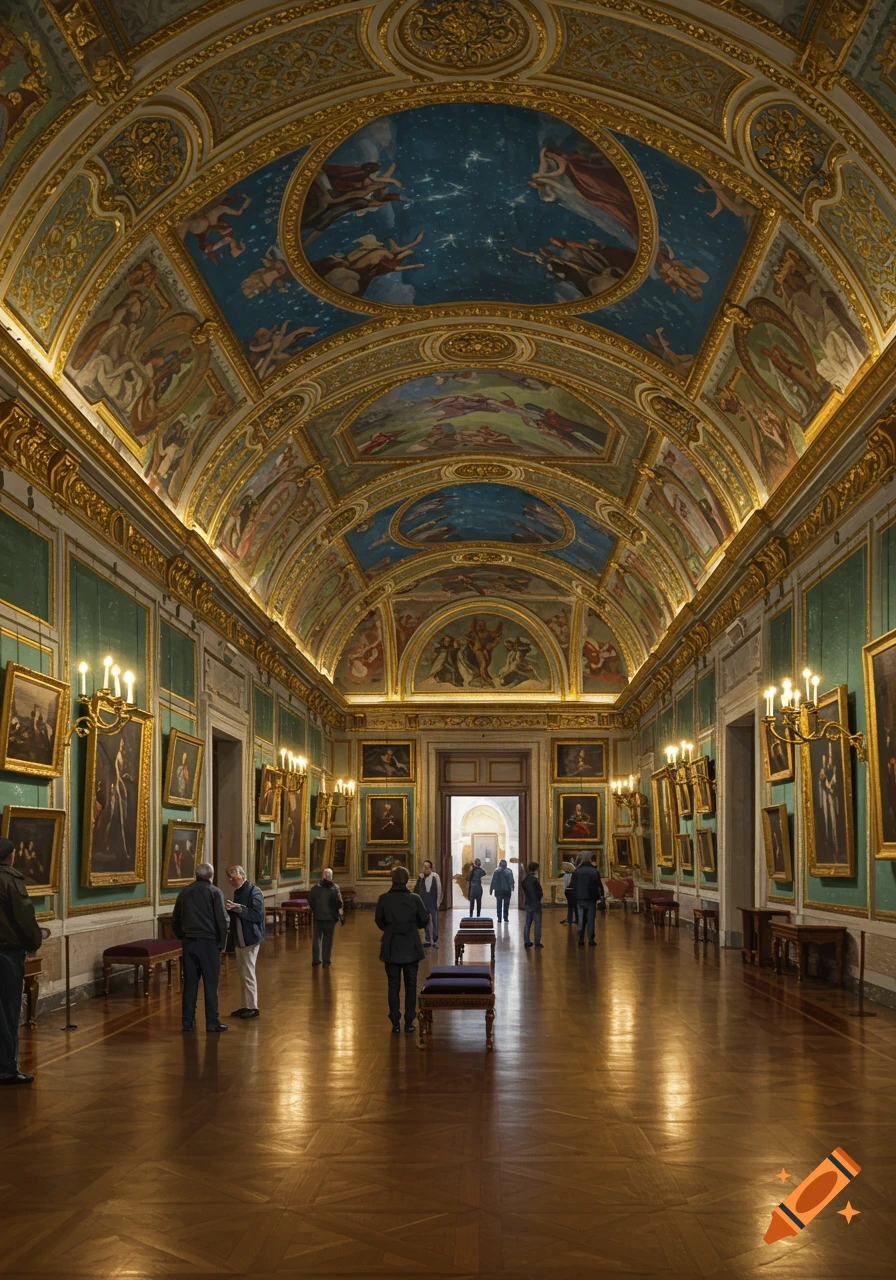 People walk through a grand museum gallery with a high ornate ceiling, gold trim, frescoes, and many paintings on the walls.