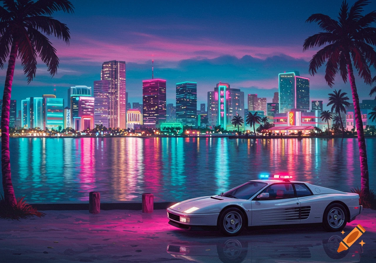 A white sports car with a police light bar parked by the water, facing a neon-lit Miami-style cityscape at sunset in a vibrant synthwave style.