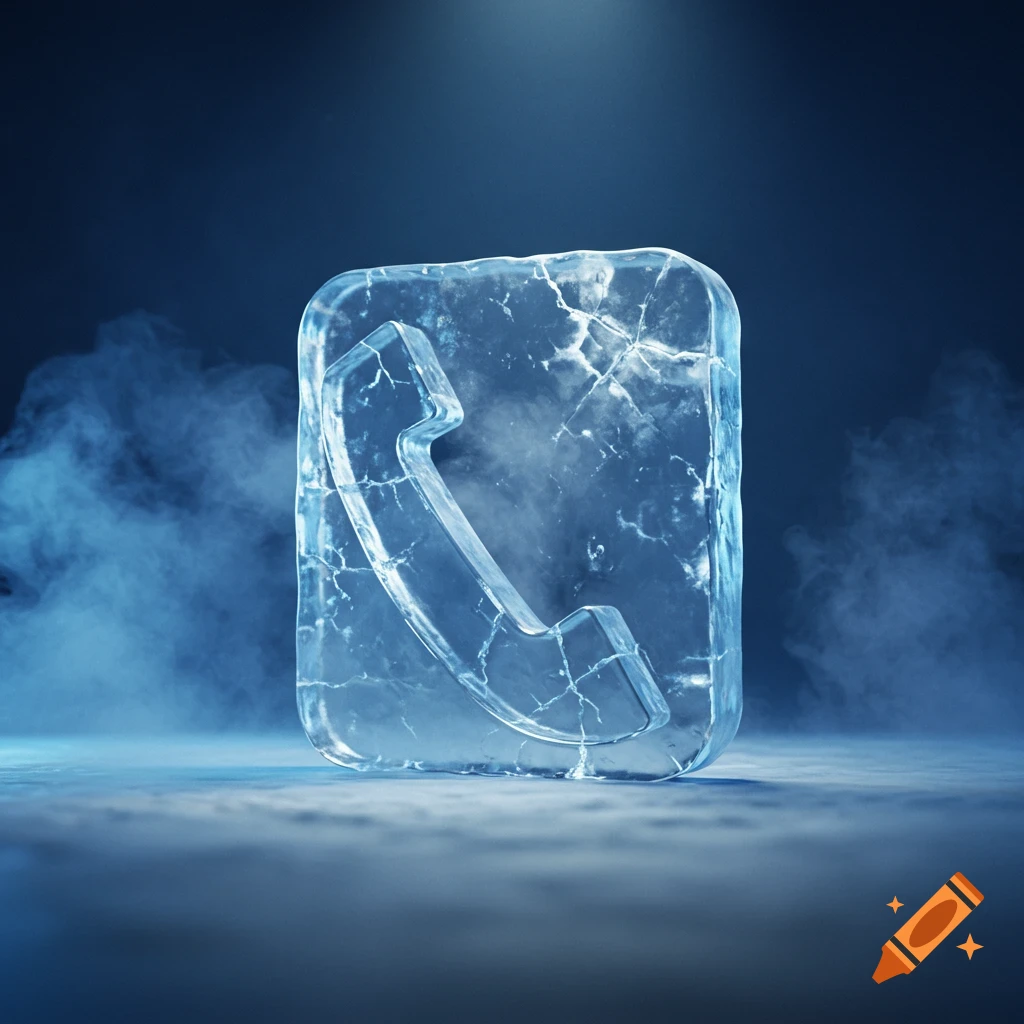 A hyper-realistic 3D render of a phone icon made of cracked, translucent ice, surrounded by cold mist on a dark blue surface.