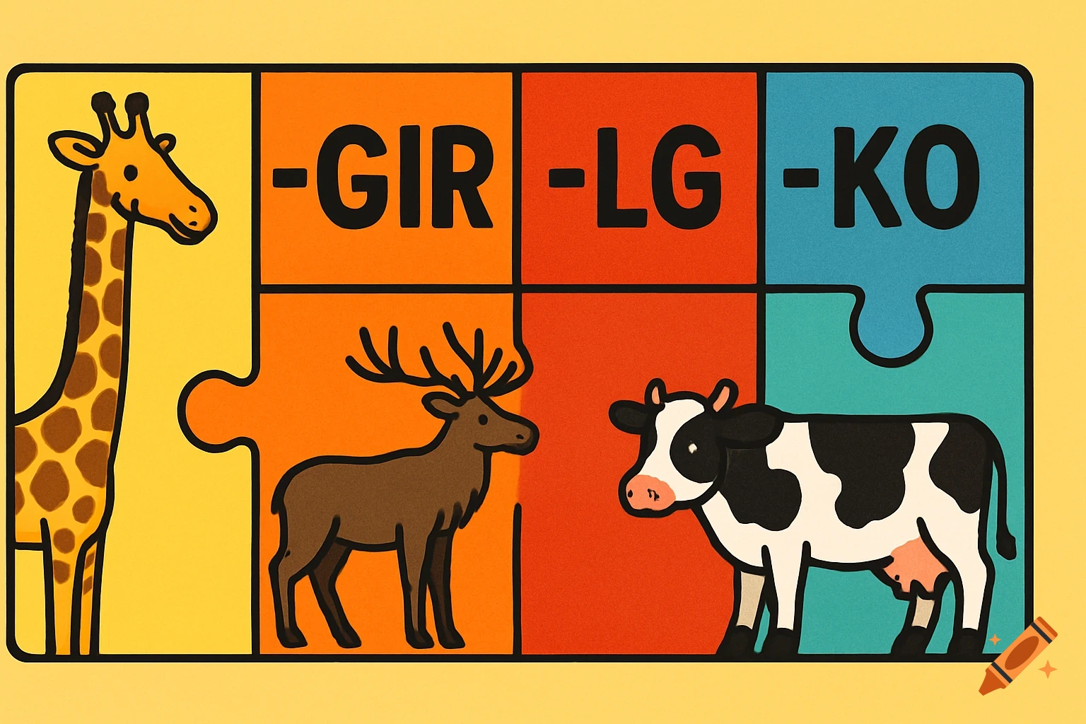 A flat, colorful jigsaw puzzle featuring a giraffe, an elk, and a cow, separated by pieces with the text '-GIR', '-LG', and '-KO'.