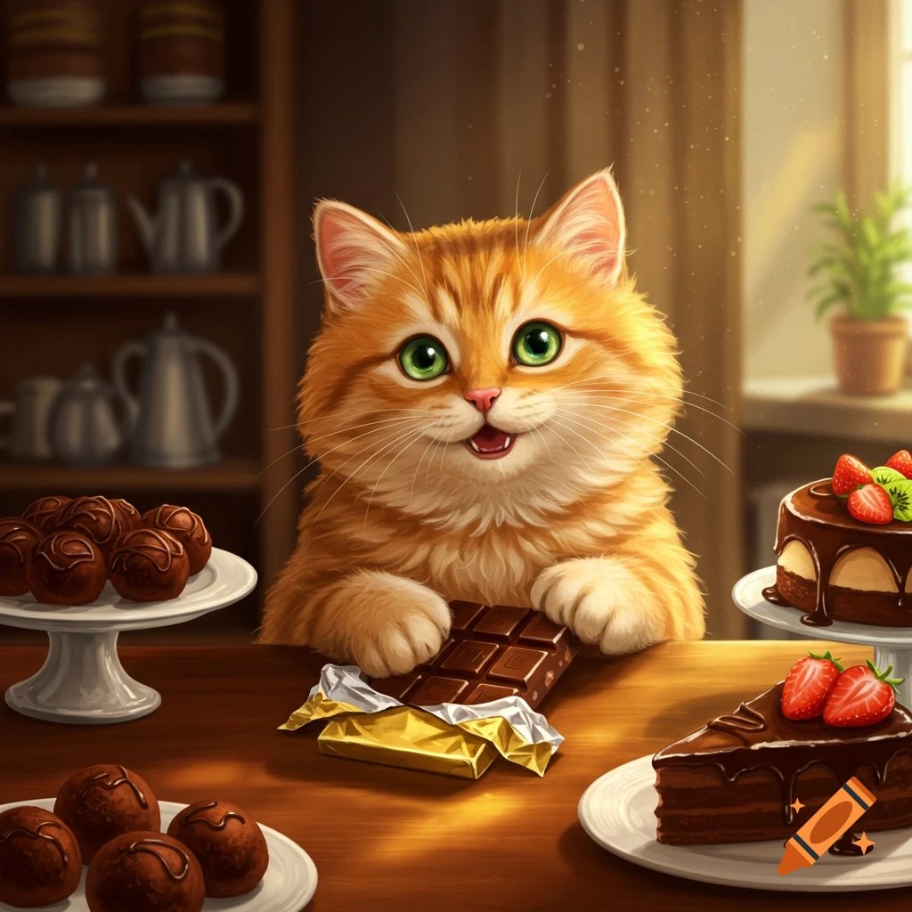 A cute fluffy orange cat with big green eyes looks happy, holding a chocolate bar on a wooden table laden with chocolates and chocolate cakes.