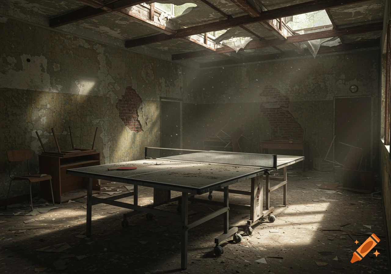 A photorealistic image of a dusty ping pong table in the middle of an abandoned, dilapidated room with a broken roof.