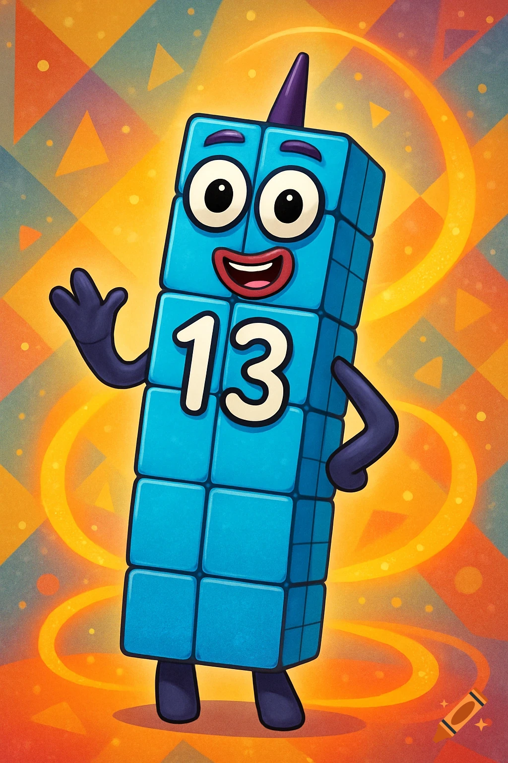 A blue Numberblock character with the number 13 on its chest, waving, against a vibrant geometric background.