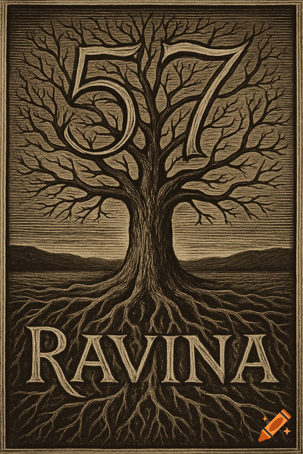 Woodcut illustration of a tree with bare branches forming the number 57 and roots spelling RAVINA.