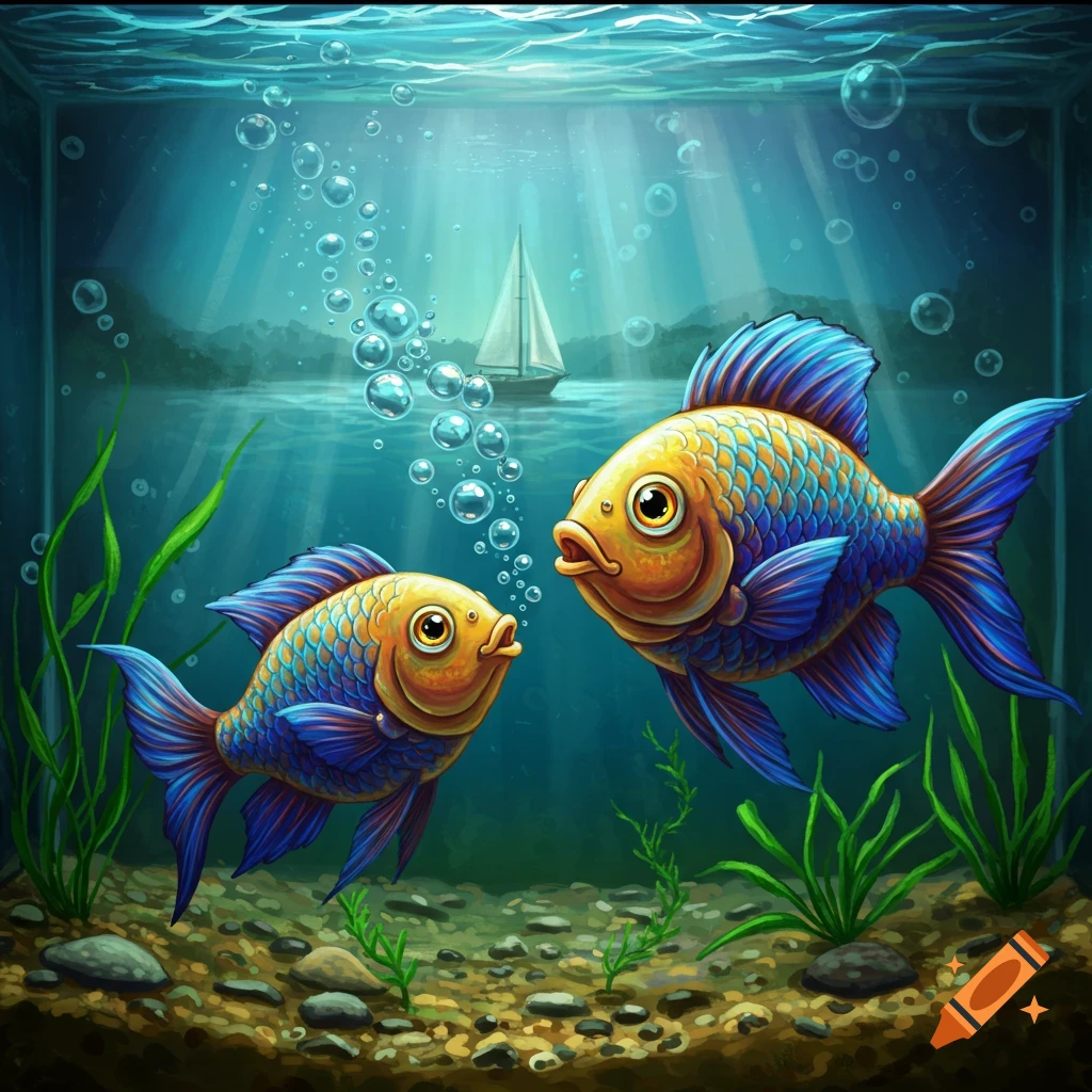 Two colorful cartoon fish in an aquarium, one blowing bubbles and looking at a distant sailboat.