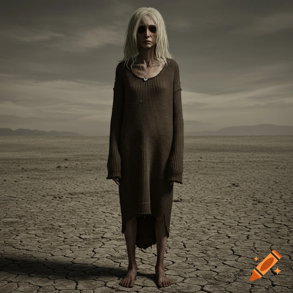 A gaunt woman with pale blonde hair and a somber expression stands barefoot in a cracked desert, wearing a long brown tunic and a silver necklace. Realistic style.