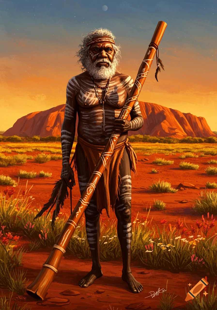An illustrated Aboriginal man with white body paint and a didgeridoo stands in a red desert landscape with Uluru at sunset.