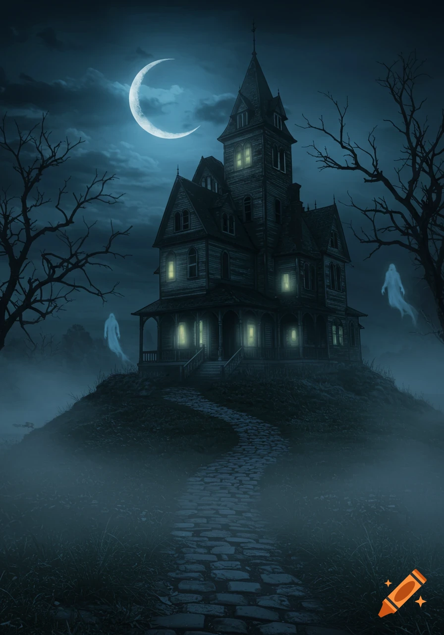 A dark, atmospheric illustration of a haunted house on a hill at night with two ghosts, bare trees, a crescent moon, and fog.