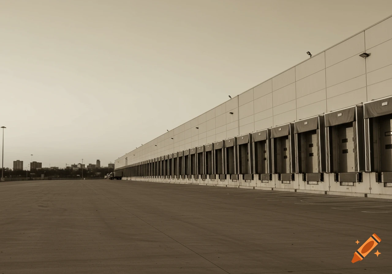 A sepia-toned long shot of a modern warehouse with many loading dock doors, a single semi-truck, and a city skyline in the distance.