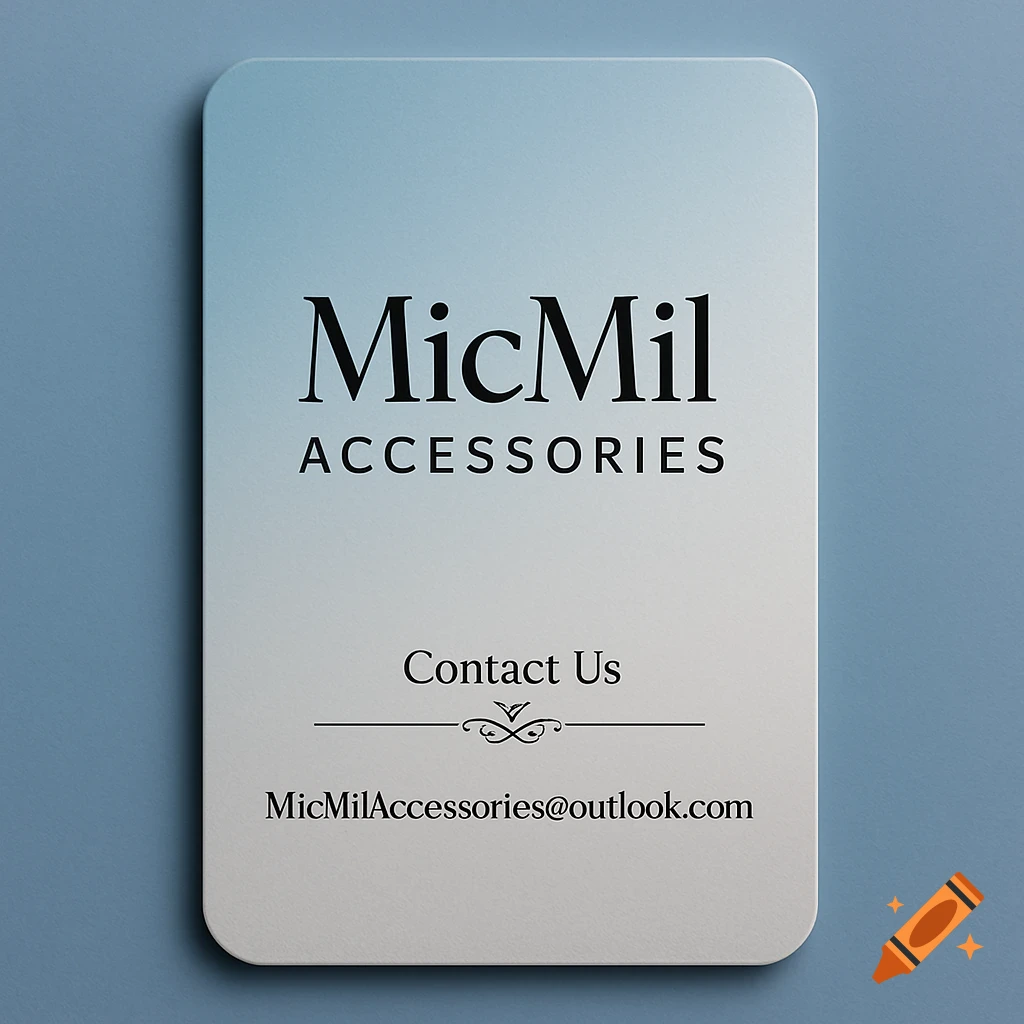 A light blue and white business card with 'MicMil Accessories', 'Contact Us', and an email address in black text, on a gray background.