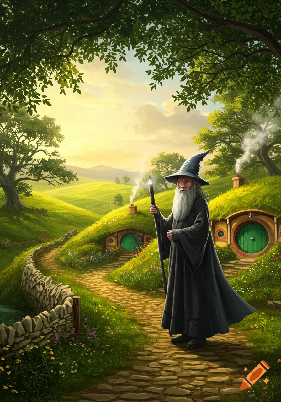 A wizard resembling Gandalf stands on a stone path leading to hobbit holes in a lush, green, sunlit fantasy landscape.
