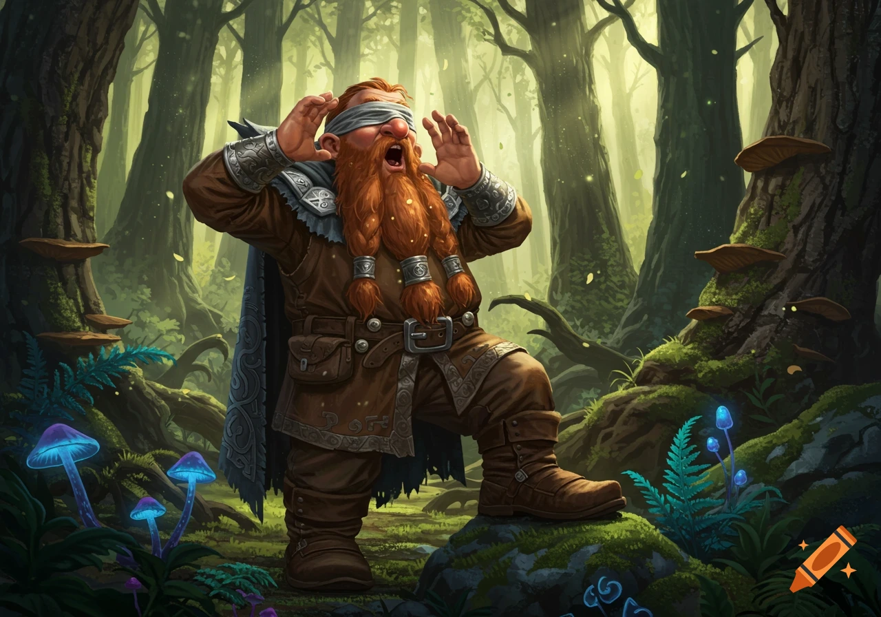 A blindfolded dwarf with a long, red braided beard, wearing brown leather and armor, shouts in a glowing magical forest.