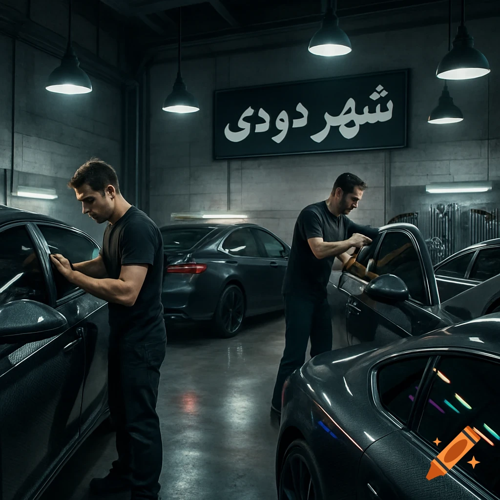 Two men in a brightly lit garage apply tint or carbon covering to dark cars, with an Arabic sign in the background. Photorealistic.
