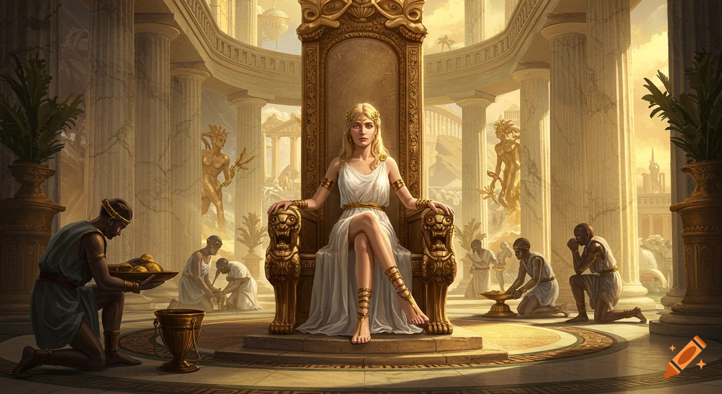 A blonde woman in white robes sits regally on a golden throne in a grand Greek temple, surrounded by columns and kneeling attendants.